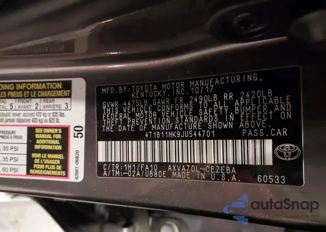 2018 Toyota Camry L z USA, uszkodzony, nr VIN 4T1B11HK9JU544701